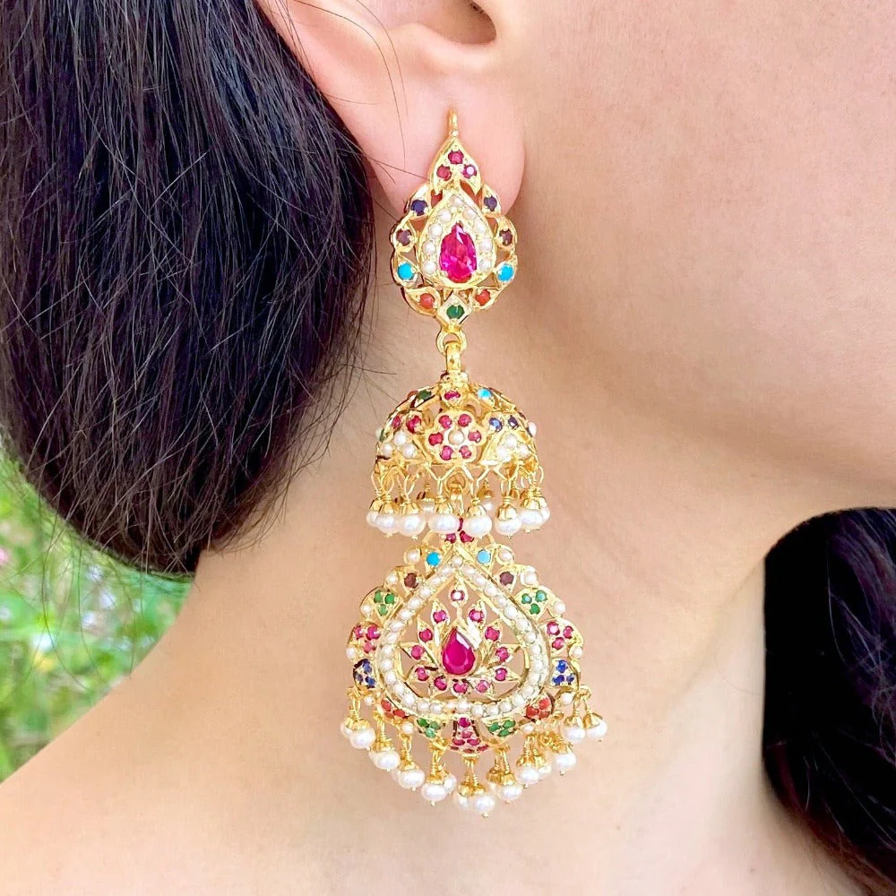 Long Navratna Jadau Jhumka Earrings | Gold Plated Silver ER 031 - Image 5