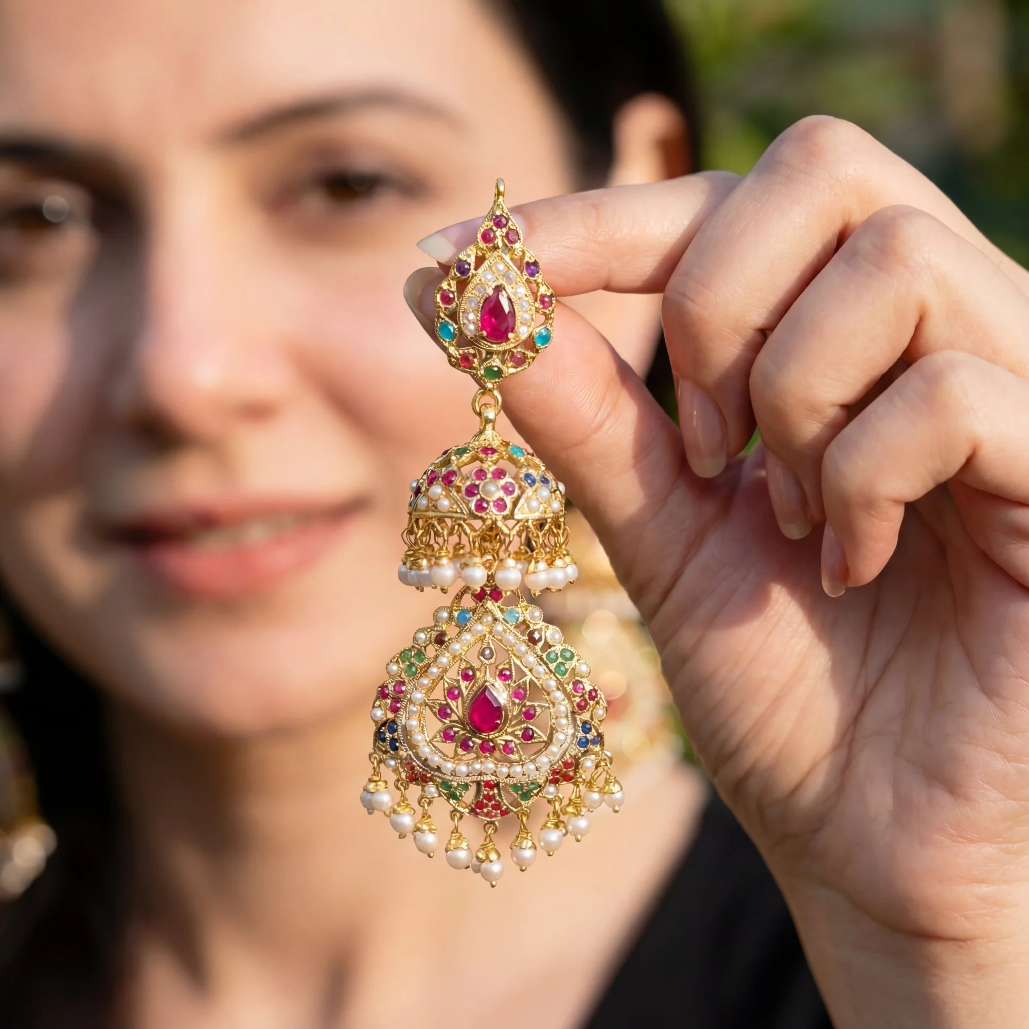 Long Navratna Jadau Jhumka Earrings | Gold Plated Silver ER 031 - Image 7