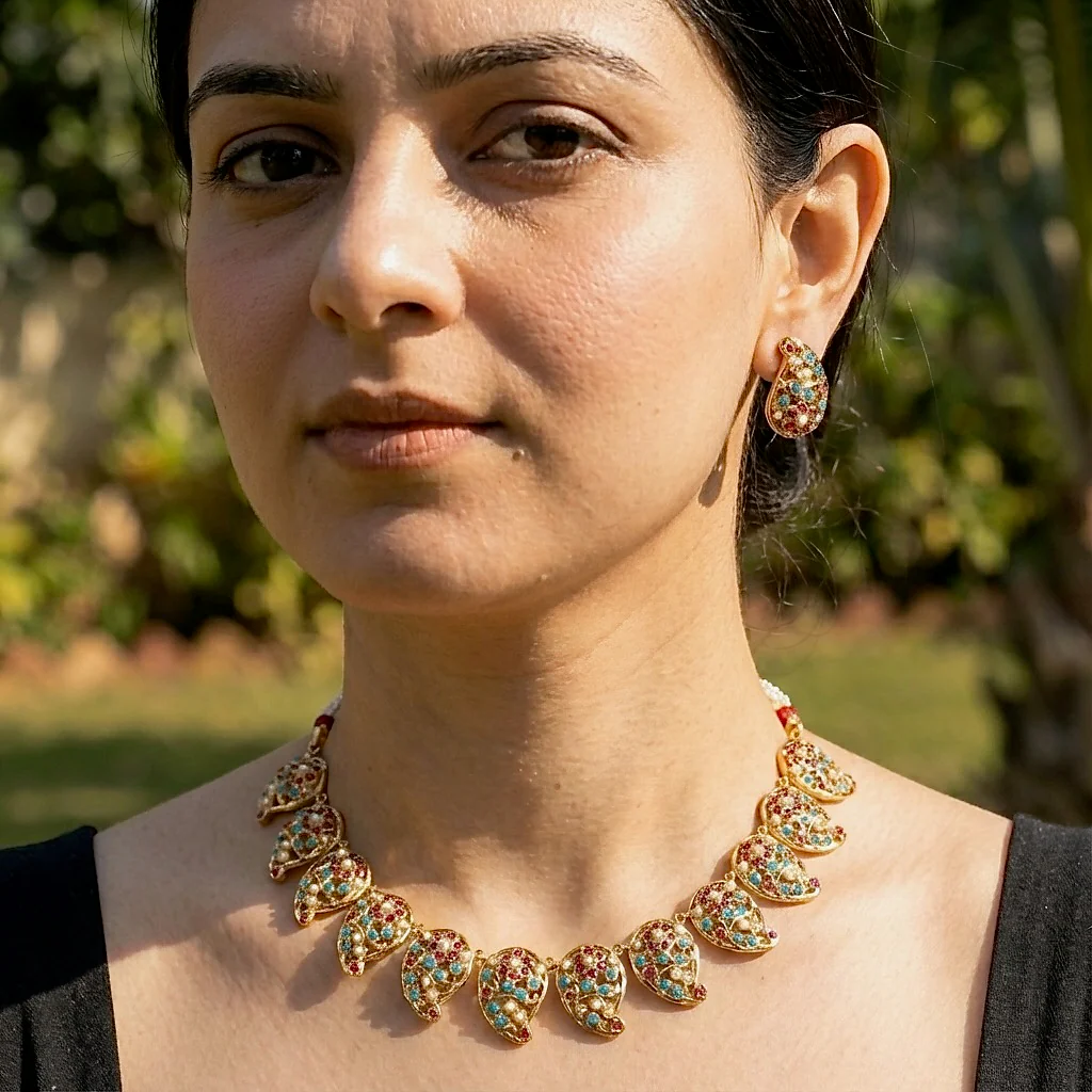 Paisley Necklace Set | Gold Plated Sterling Silver | Traditional Indian Jadau NS 202 - Image 4