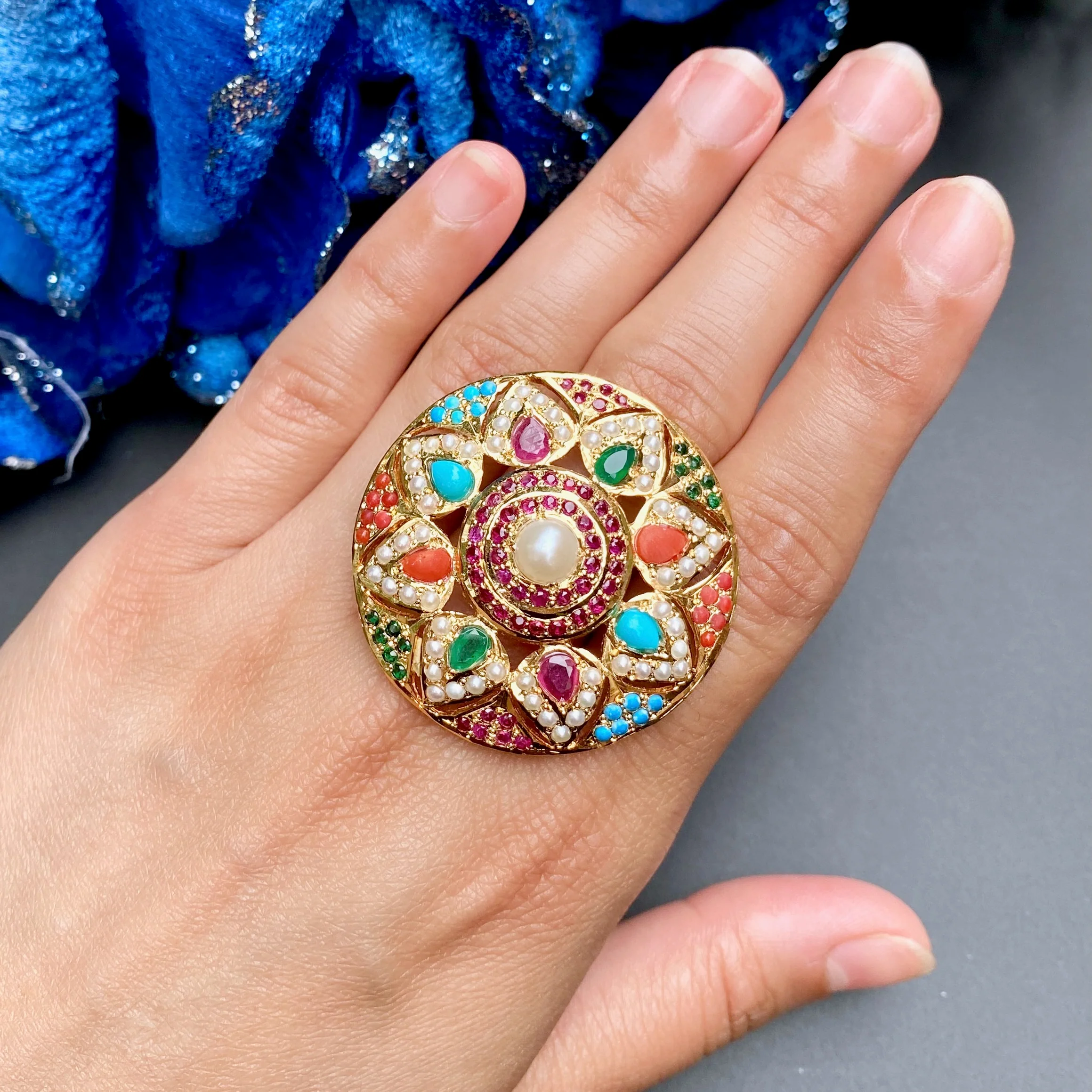 Buy Navratna Jewelry Online | Premium Cocktail Ring on Silver with Gold Plating LR 001 - Image 3