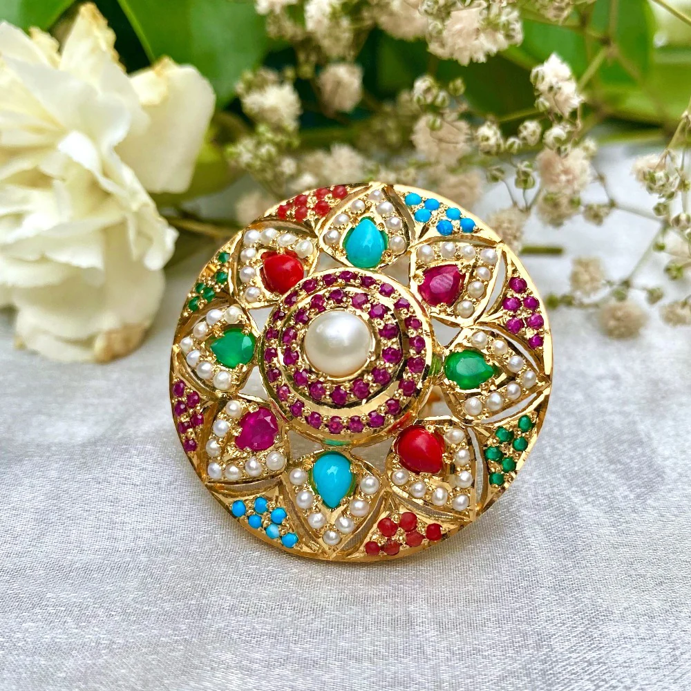 Buy Navratna Jewelry Online | Premium Cocktail Ring on Silver with Gold Plating LR 001 - Image 4
