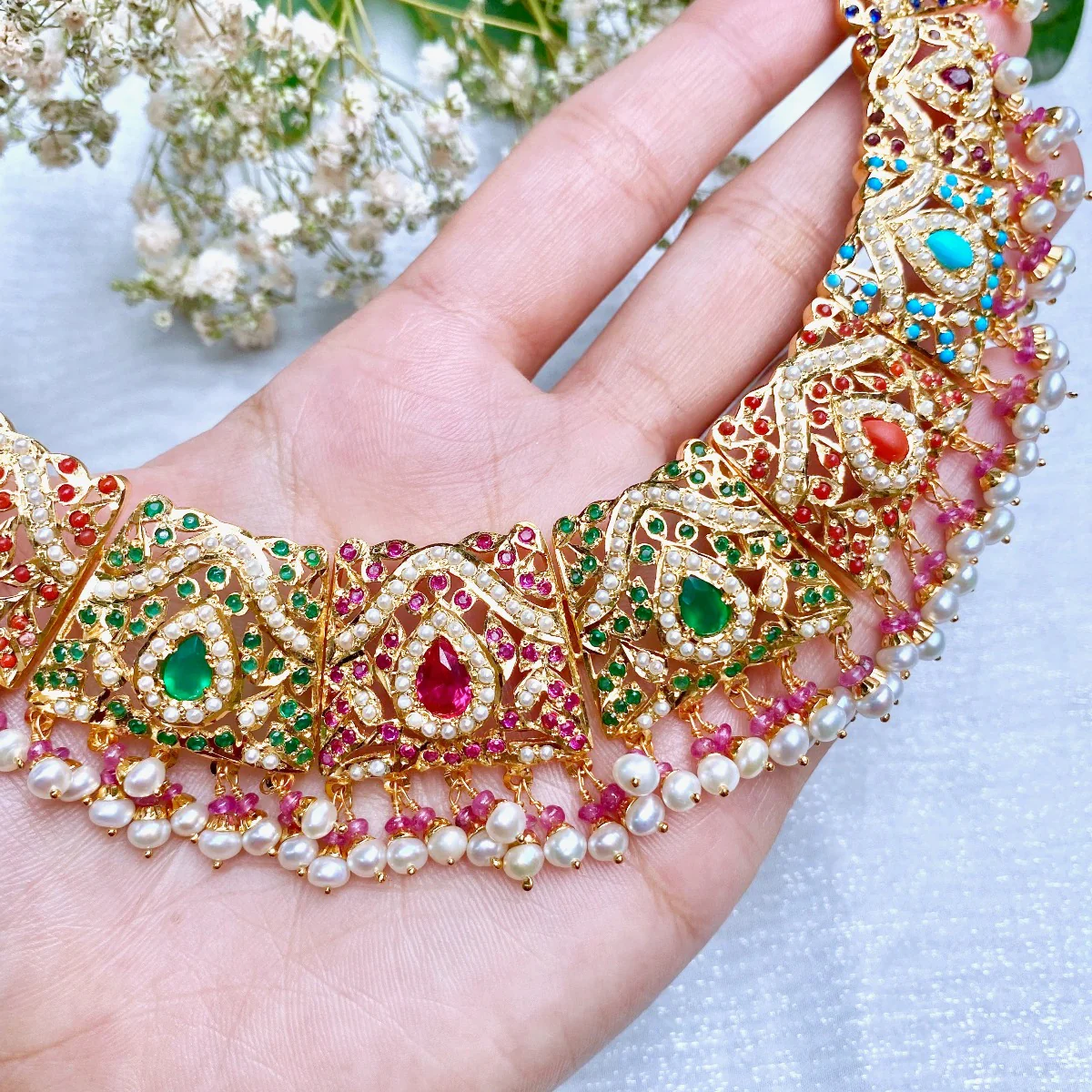 Navratna Guluband Set | Gold Plated on Sterling Silver NS 002 - Image 6