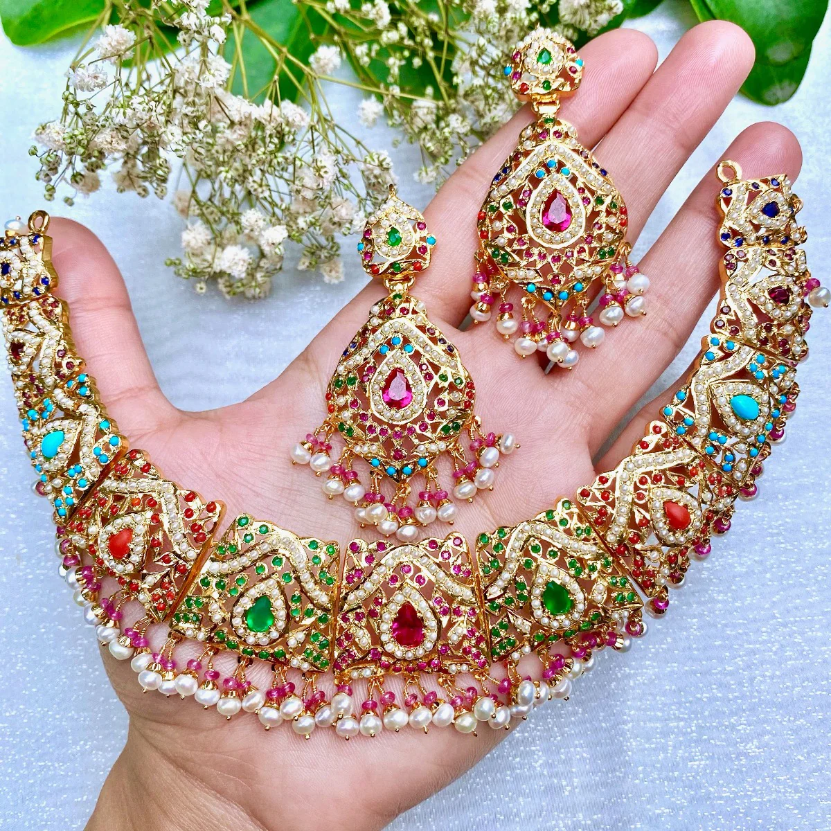 Navratna Guluband Set | Gold Plated on Sterling Silver NS 002 - Image 7