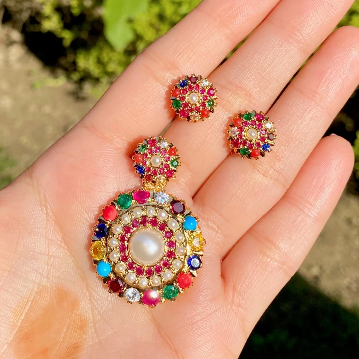Navratna Pendant Set | 925 Silver | Gold Polished in 22k Color PS 026 - Image 3