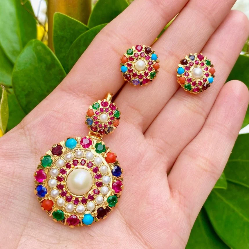 Navratna Pendant Set | 925 Silver | Gold Polished in 22k Color PS 026 - Image 4