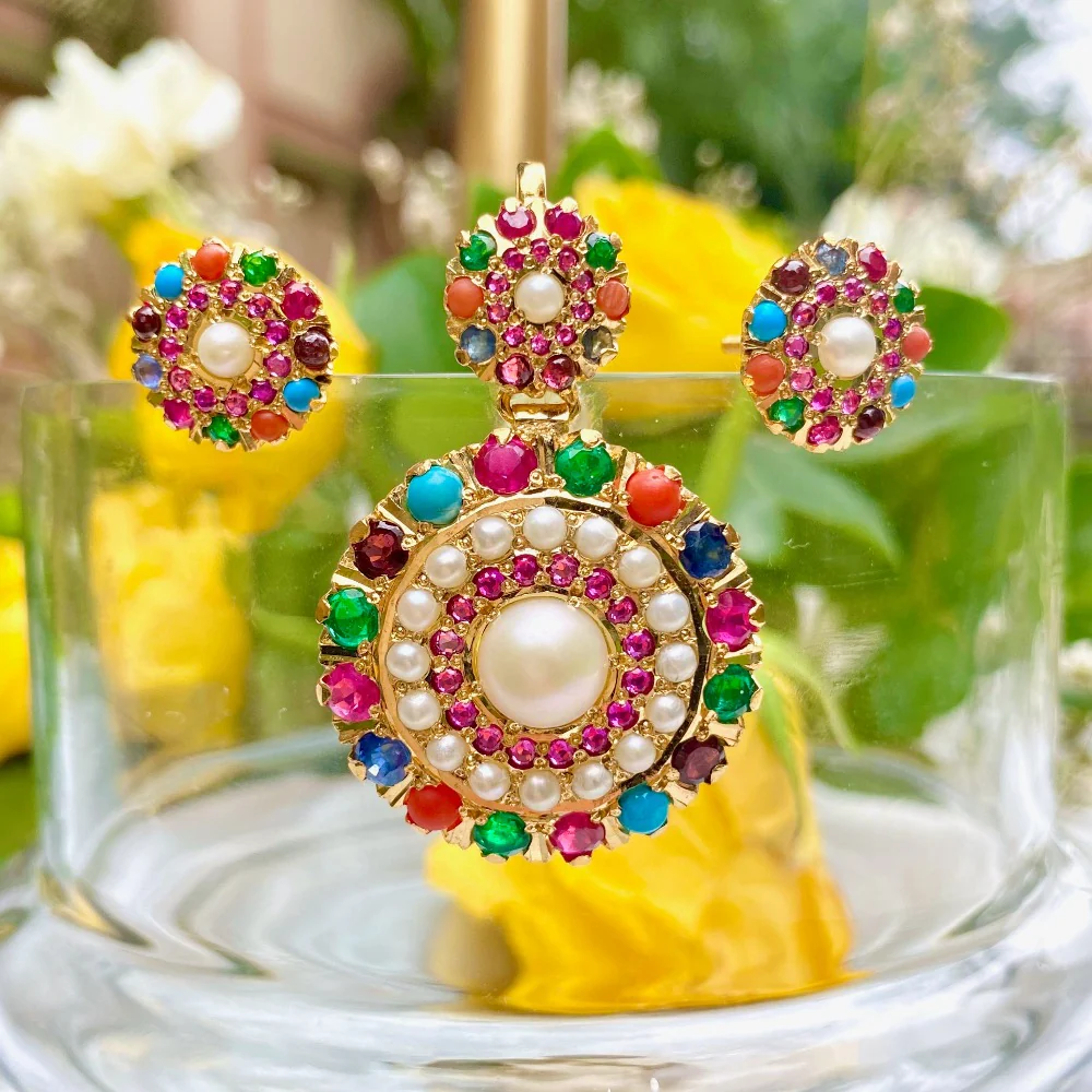 Navratna Pendant Set | 925 Silver | Gold Polished in 22k Color PS 026 - Image 5