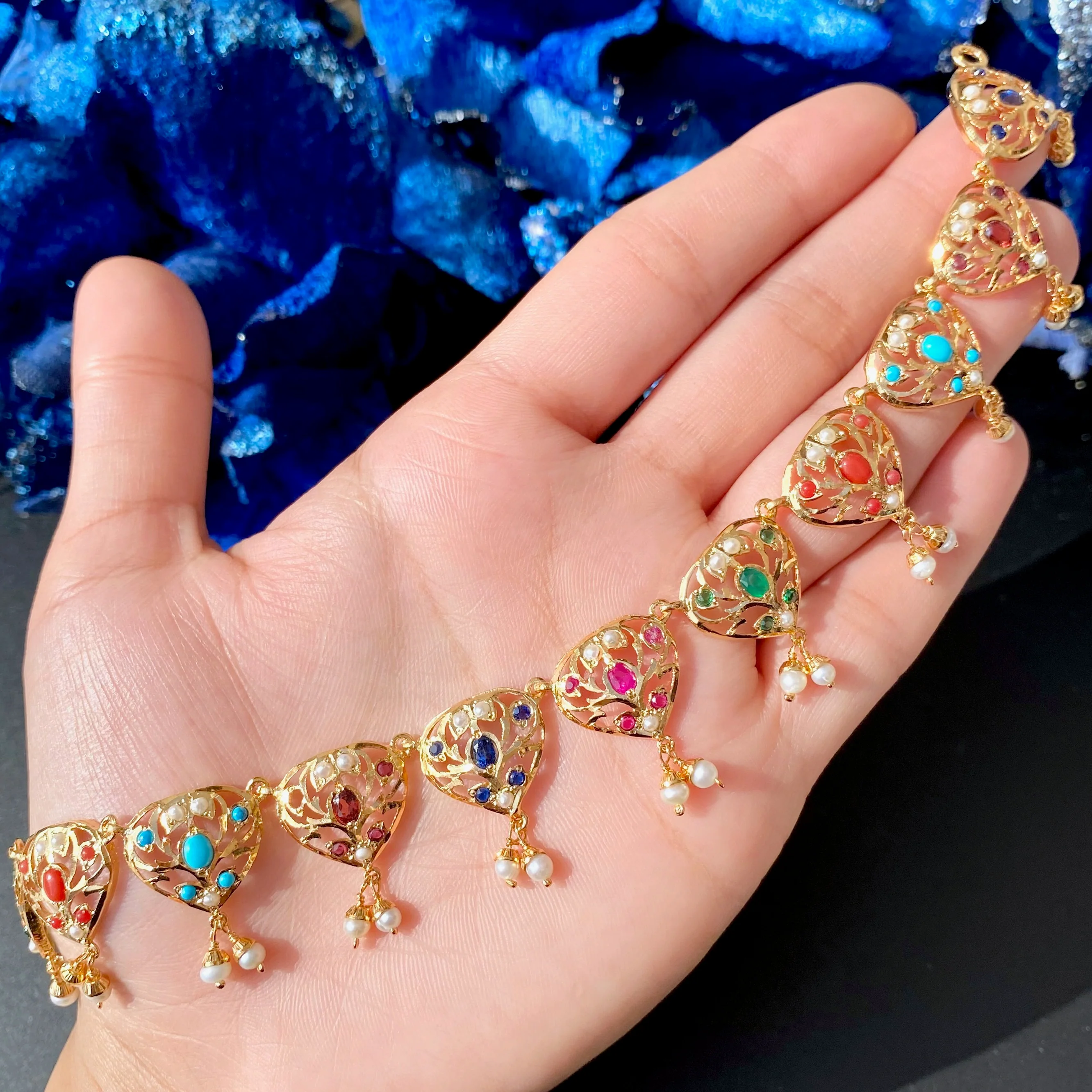 Navratna Necklace Set | Sophisticated Look for Party Wear | Gold Plated Silver Jewelry Gift NS 233 - Image 4