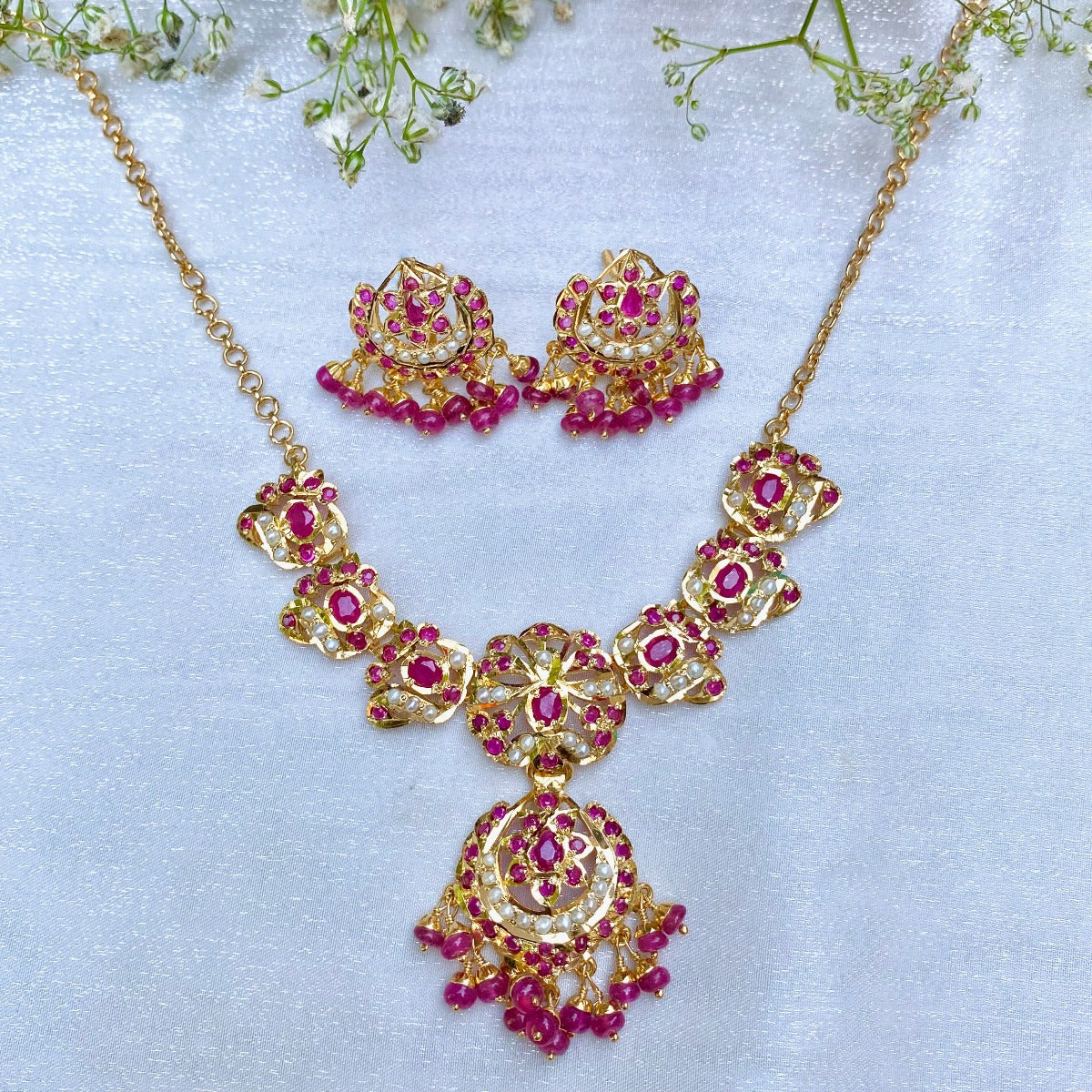 Gold Plated Pearl Ruby Chain Necklace Set in Silver NS 076 - Image 4