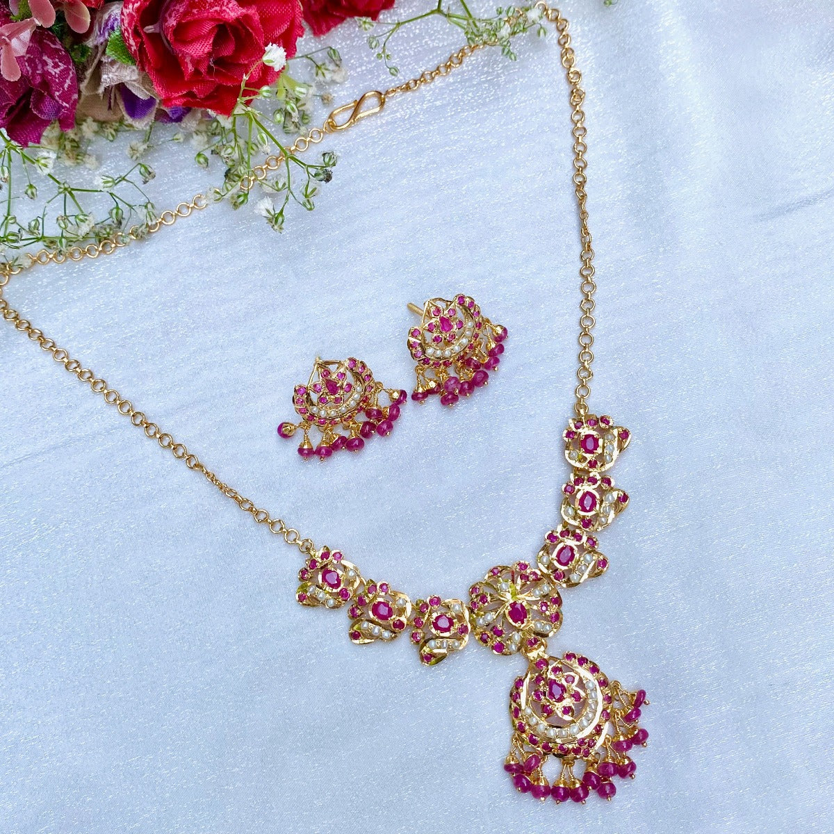 Gold Plated Pearl Ruby Chain Necklace Set in Silver NS 076 - Image 5