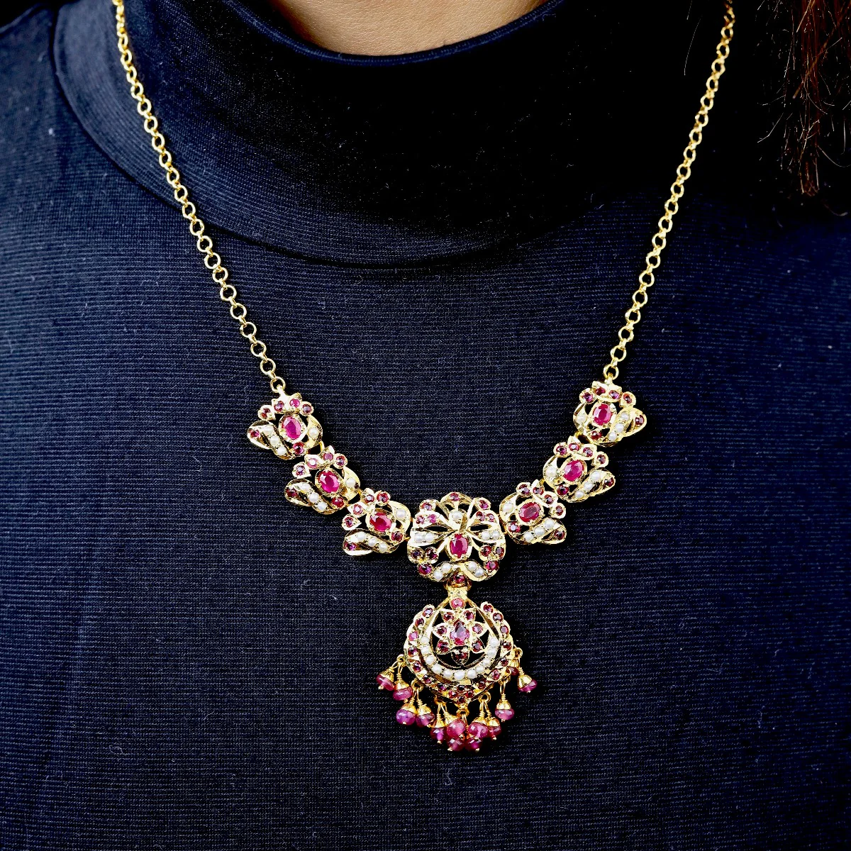 Gold Plated Pearl Ruby Chain Necklace Set in Silver NS 076 - Image 6