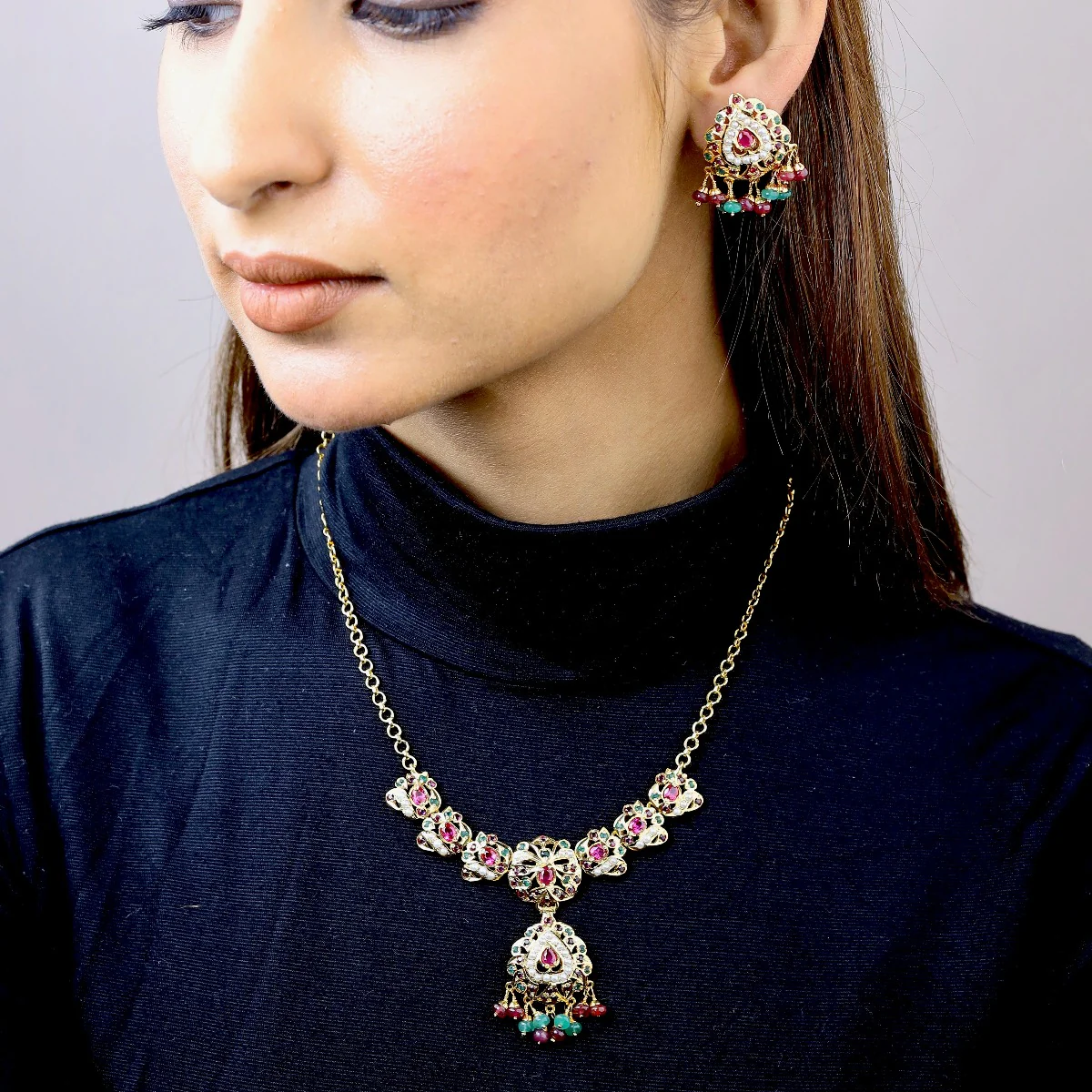 Gold Plated Pearl Ruby Chain Necklace Set in Silver NS 076 - Image 7