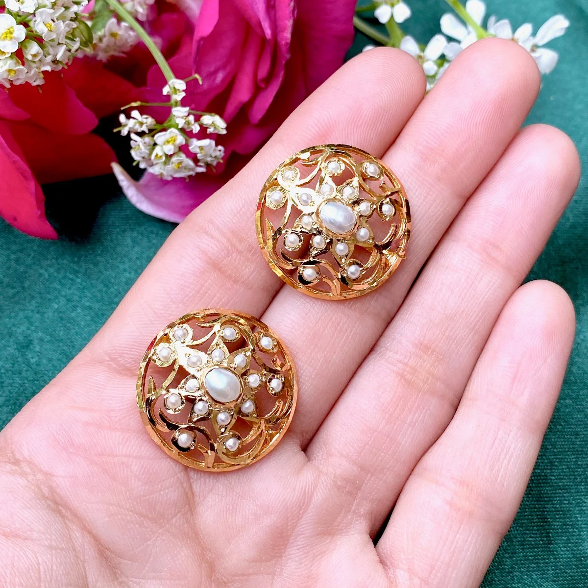 Pearl Jadau Studs in Sterling Silver with Gold Plating ER 049 - Image 3