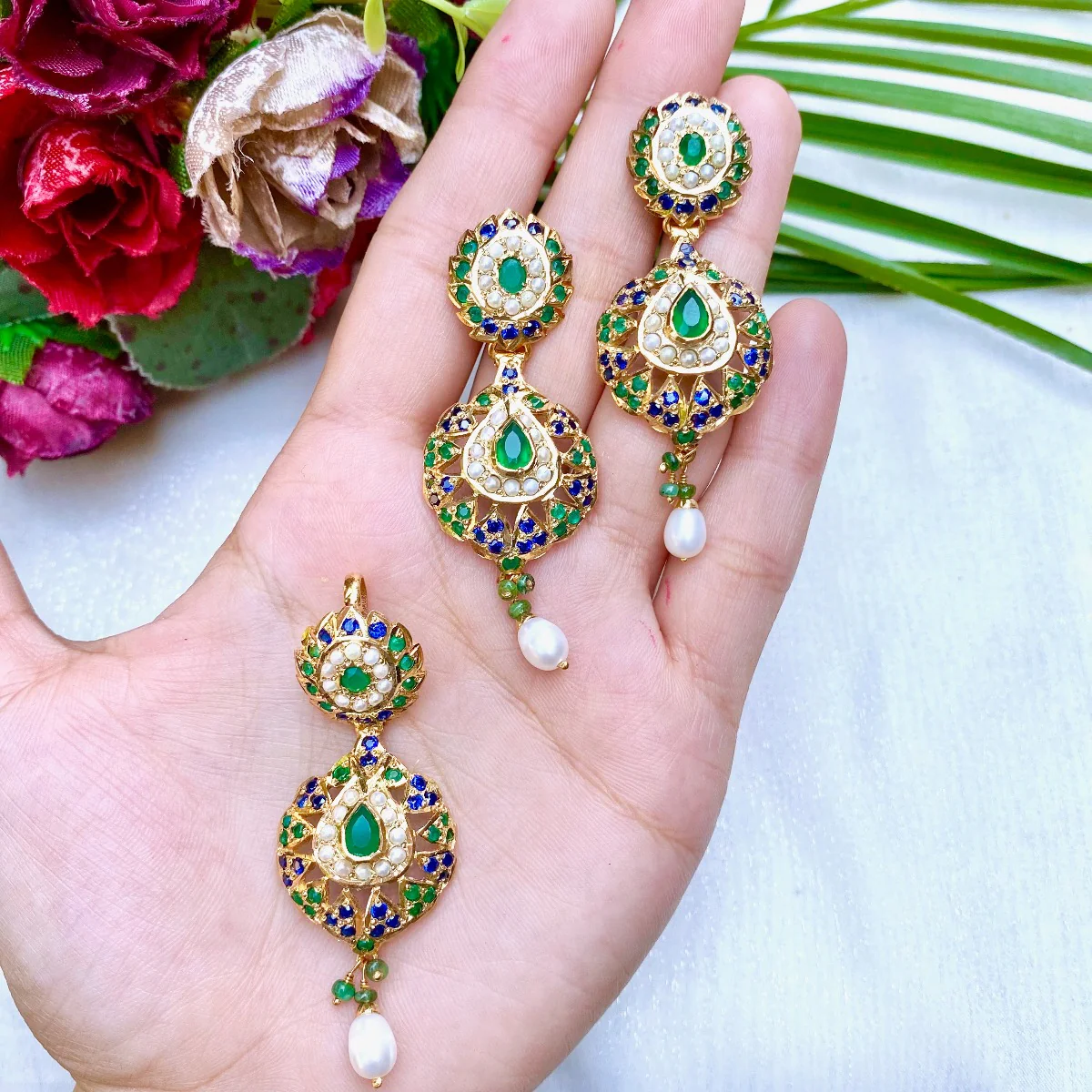 Multicolored Jadau Pendant Set in Gold Plated Silver PS 043 - Image 4
