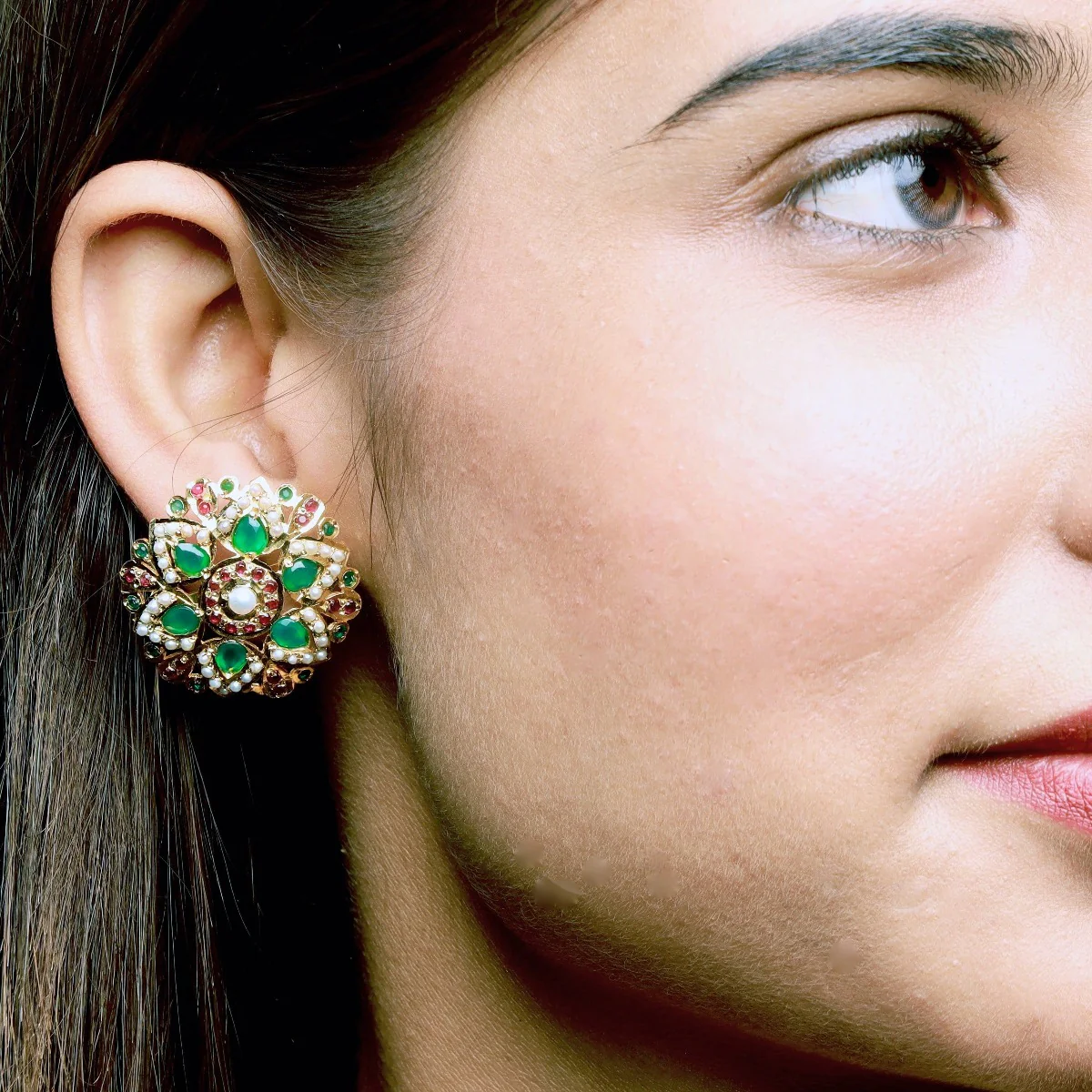 Traditional Multicolored Jadau Earrings | Ruby Emeralds Stud Earrings | Jadau Tops in Silver | ER 062 - Image 3