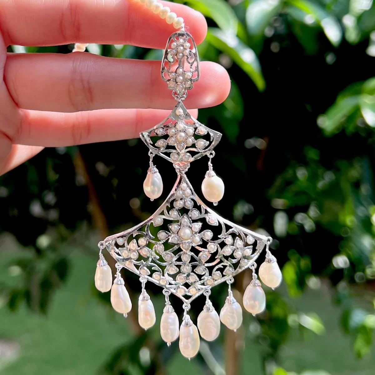 Statement Pearl & Silver Danglers | Indo-Western Design | Chandelier Earrings SER 016 - Image 3