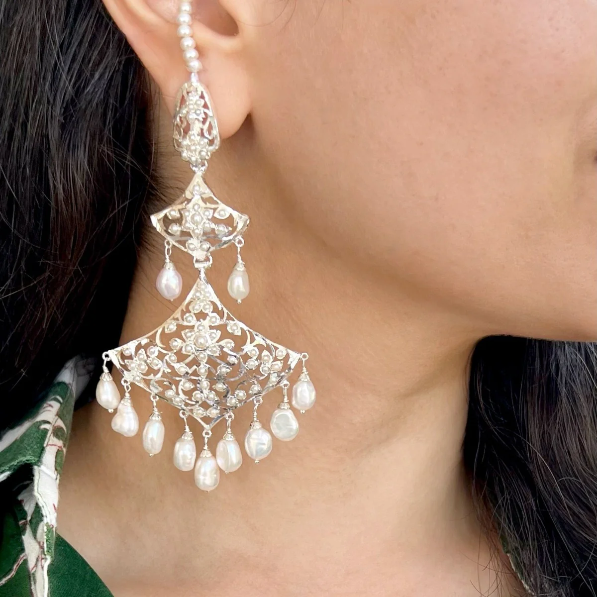 Statement Pearl & Silver Danglers | Indo-Western Design | Chandelier Earrings SER 016 - Image 4