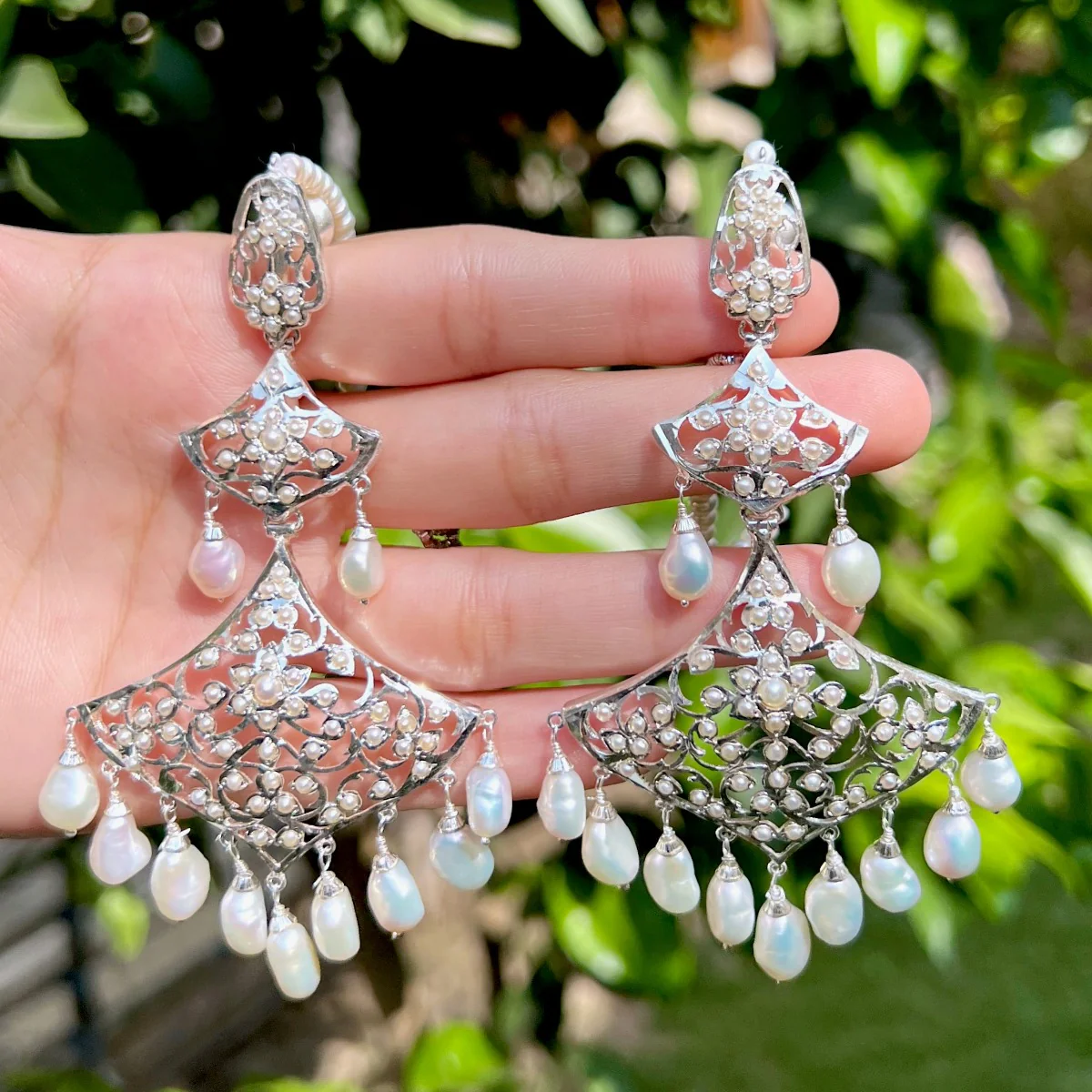 Statement Pearl & Silver Danglers | Indo-Western Design | Chandelier Earrings SER 016 - Image 5
