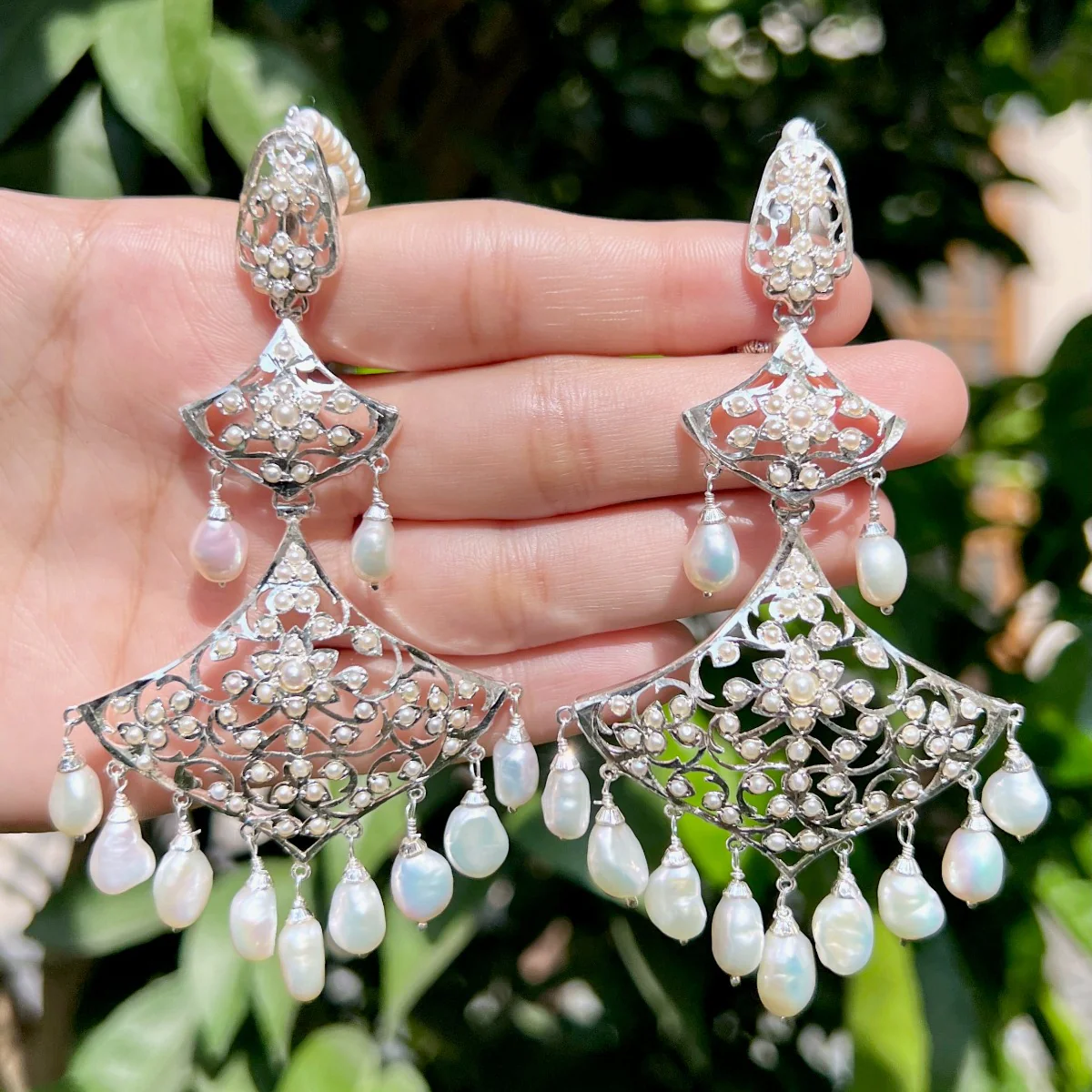 Statement Pearl & Silver Danglers | Indo-Western Design | Chandelier Earrings SER 016 - Image 6