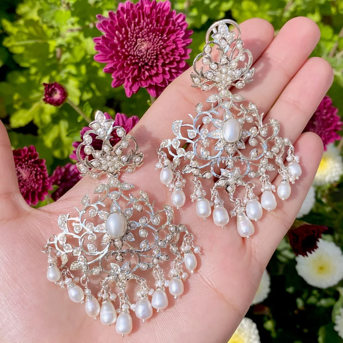 Pure Silver Indian Jewellery online | Pearl Drop Edwardian Earrings SER 165 - Image 8
