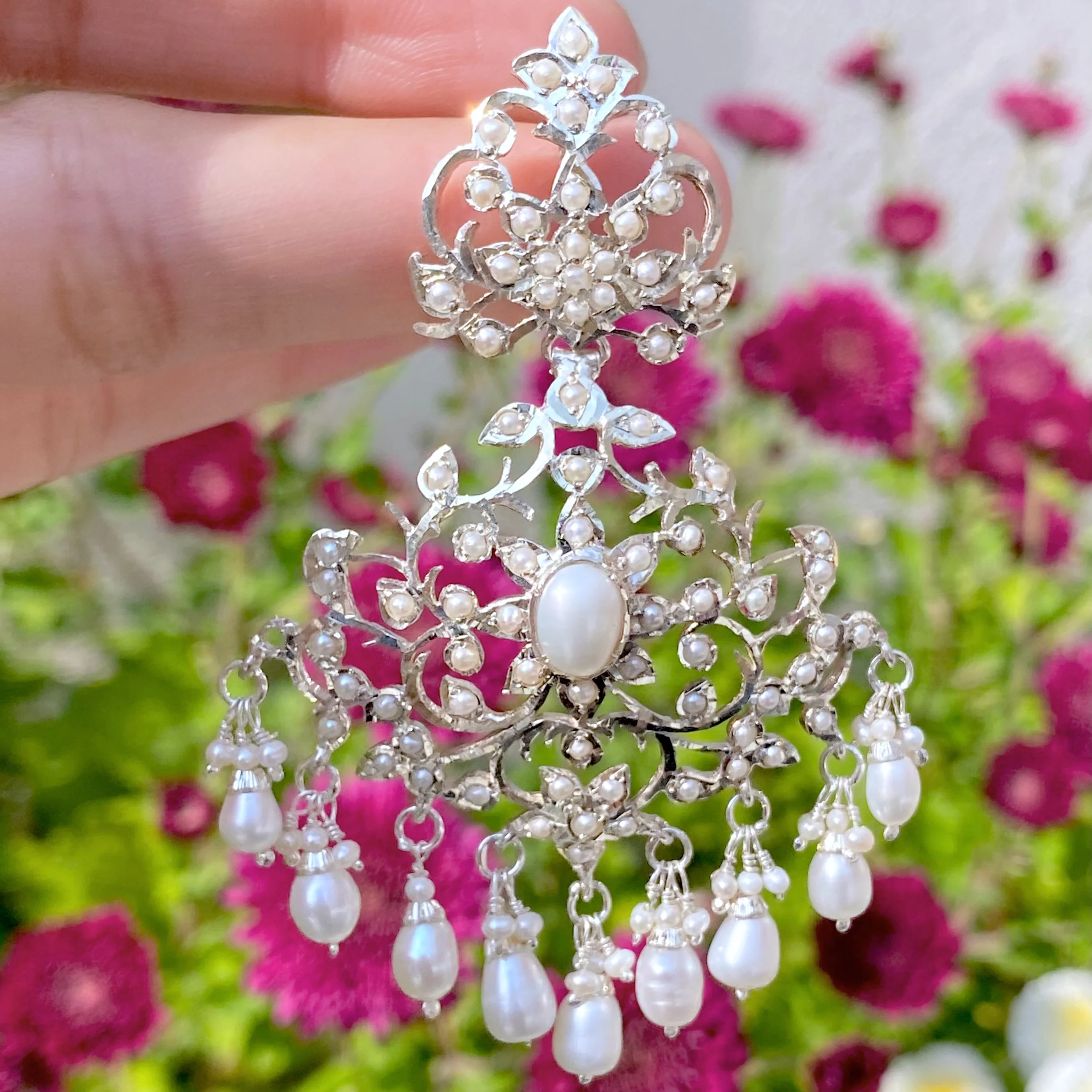 Pure Silver Indian Jewellery online | Pearl Drop Edwardian Earrings SER 165 - Image 9