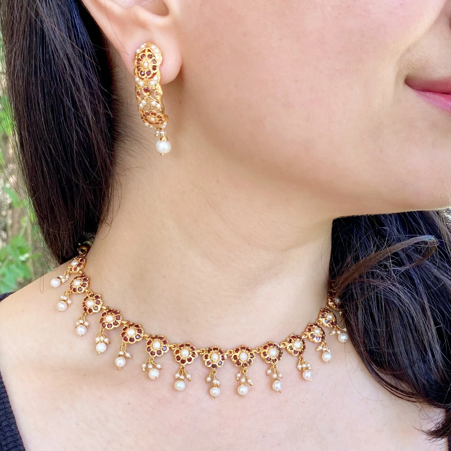 Garnet and Pearl Necklace Set | Garent Jewellery | Minimalistic Design NS 284 - Image 4