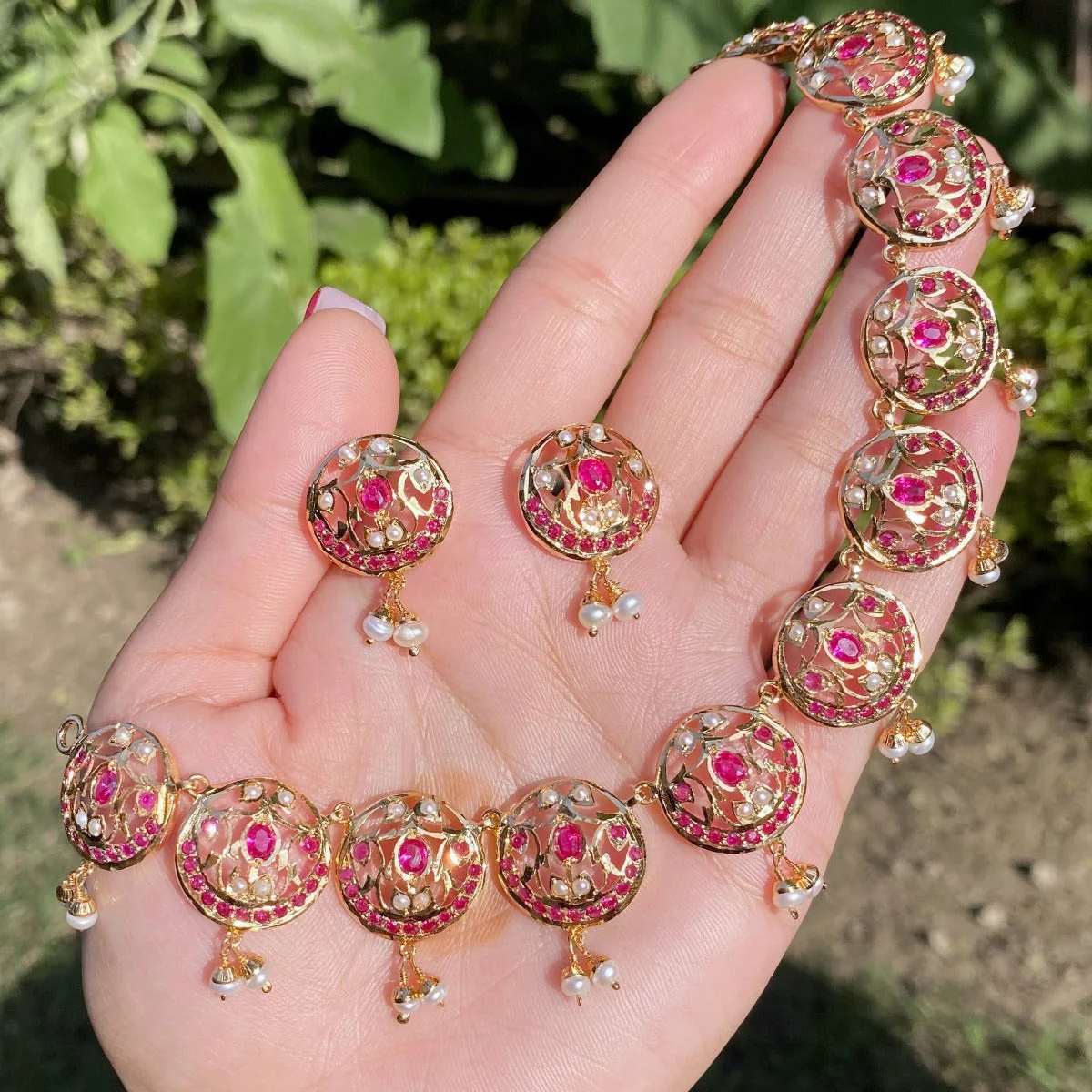 Lightweight Flexible Jadau Jewelry Set | Gold Plated Sterling Silver Set For Gift NS 197 - Image 3