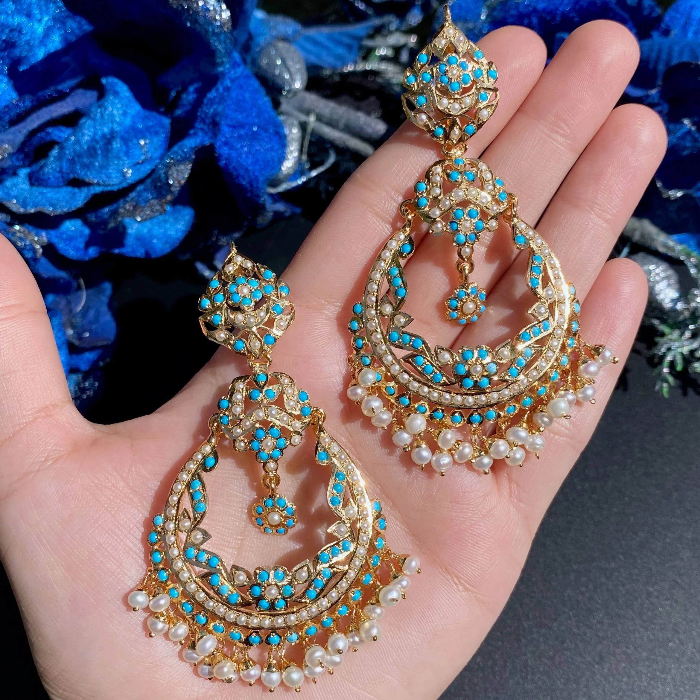 Statement Pearl-Turquoise Jadau Chandbali Earrings | Gold Plated on 925 Silver ER 053 - Image 3
