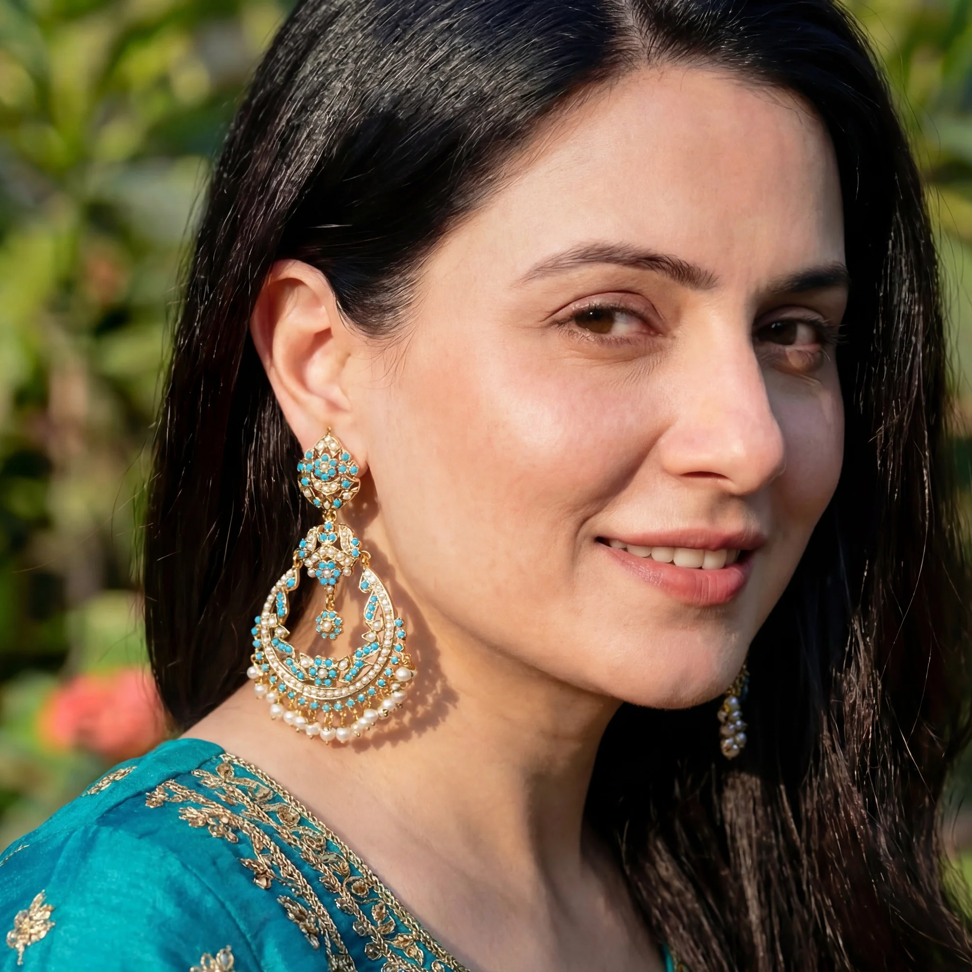 Statement Pearl-Turquoise Jadau Chandbali Earrings | Gold Plated on 925 Silver ER 053 - Image 4