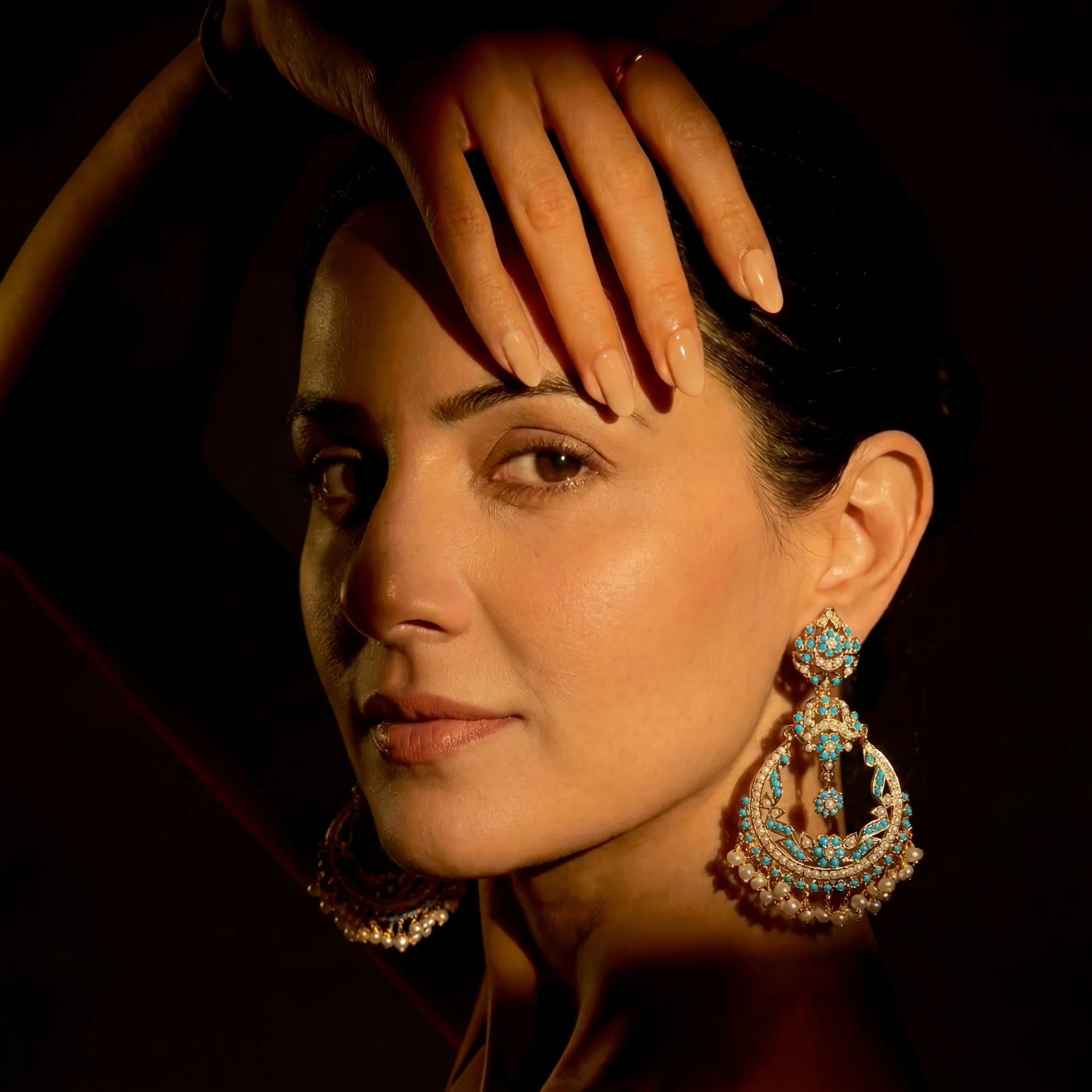 Statement Pearl-Turquoise Jadau Chandbali Earrings | Gold Plated on 925 Silver ER 053 - Image 7