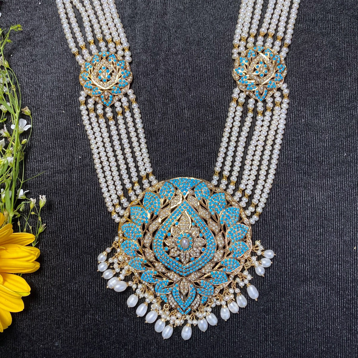 Gold Plated Jadau Rani Haar Set | Sterling Silver | Pearl & Pheroza NS 009 - Image 3