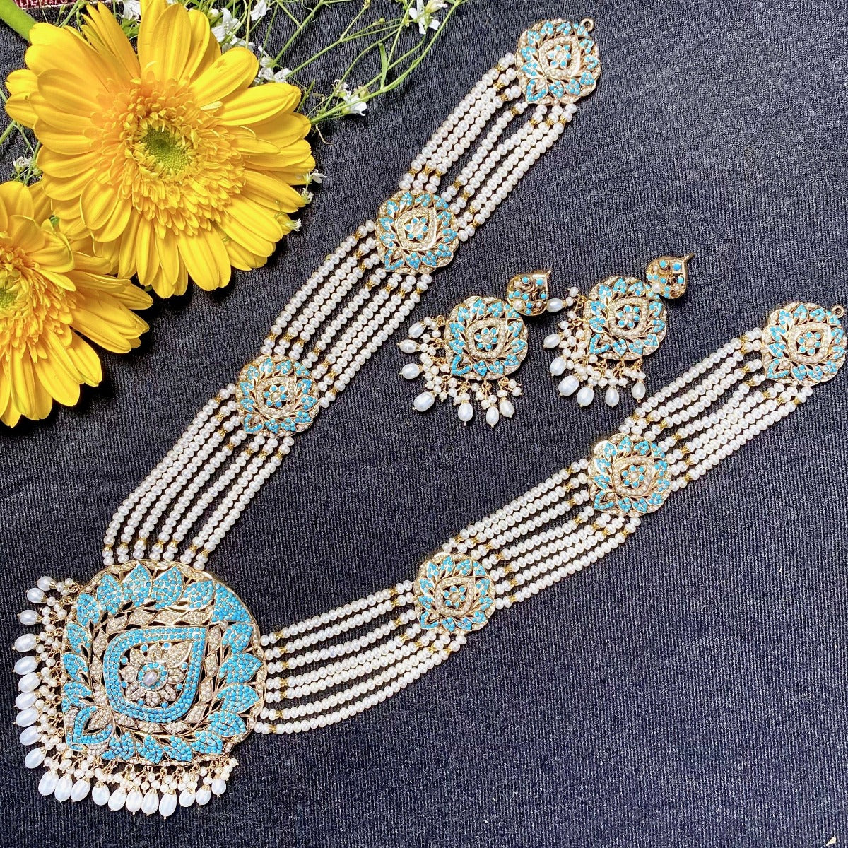 Gold Plated Jadau Rani Haar Set | Sterling Silver | Pearl & Pheroza NS 009 - Image 4