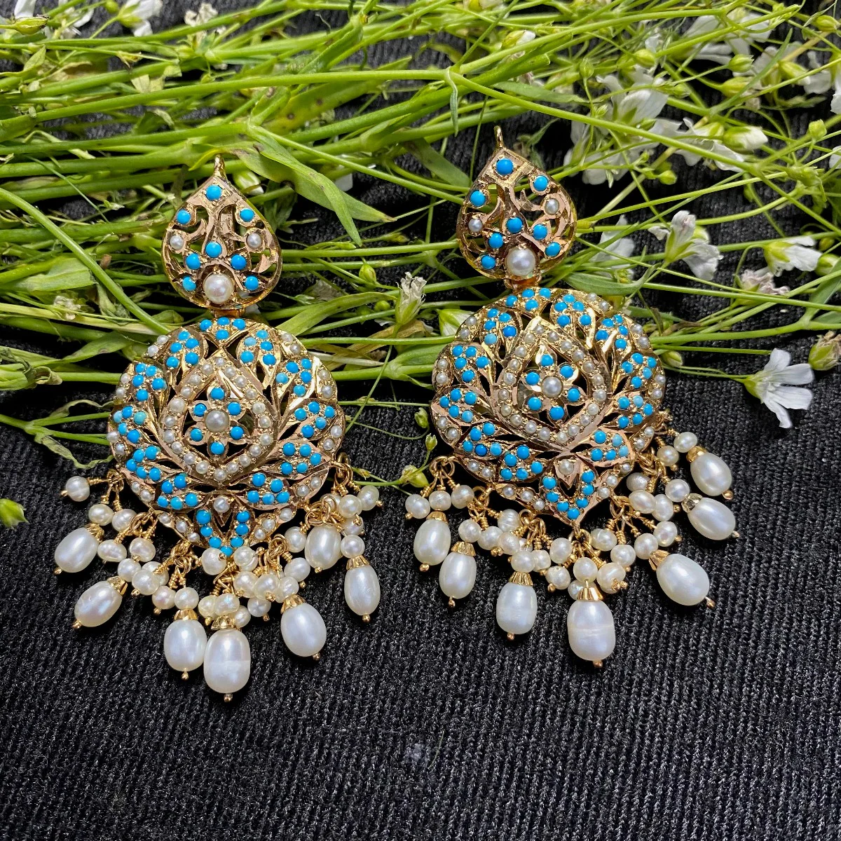 Gold Plated Jadau Rani Haar Set | Sterling Silver | Pearl & Pheroza NS 009 - Image 5
