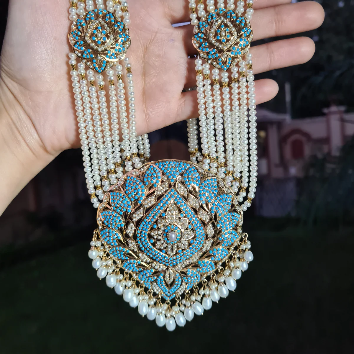 Gold Plated Jadau Rani Haar Set | Sterling Silver | Pearl & Pheroza NS 009 - Image 6