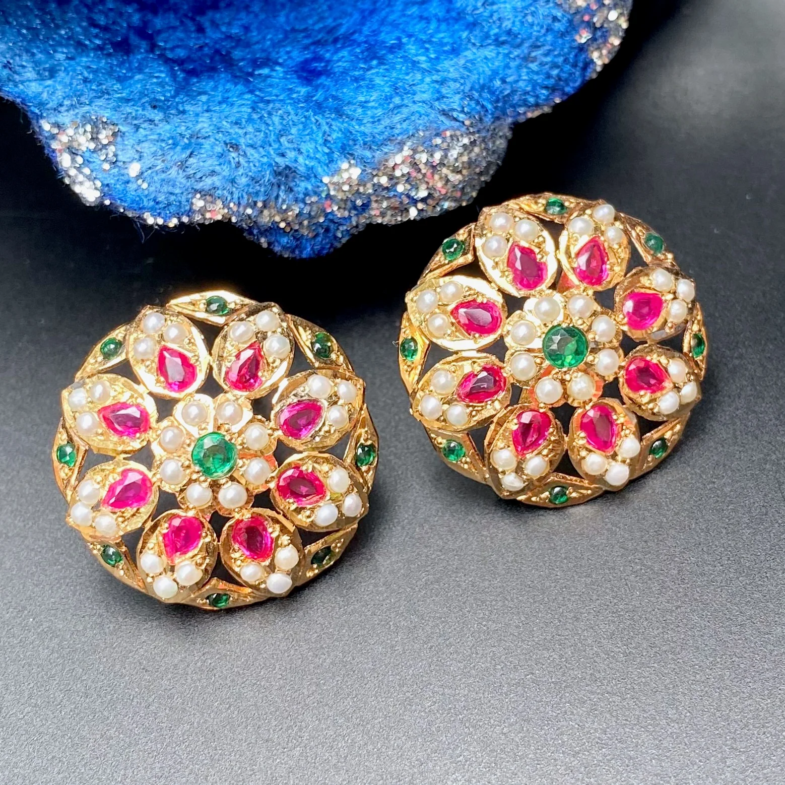 Multicolored Jadau Stud Earrings | Sterling Silver with Gold Plating ER 051 - Image 4