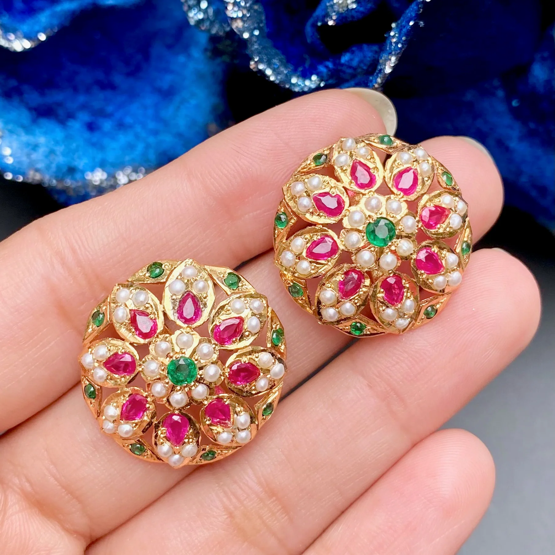 Multicolored Jadau Stud Earrings | Sterling Silver with Gold Plating ER 051 - Image 5